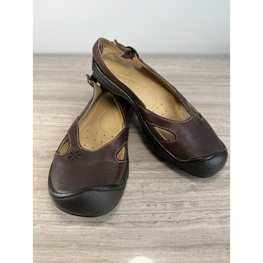 KEEN Cush Slingback Clogs Dark Brown Leather Floral Boho Women's 6 gorpcore Boho